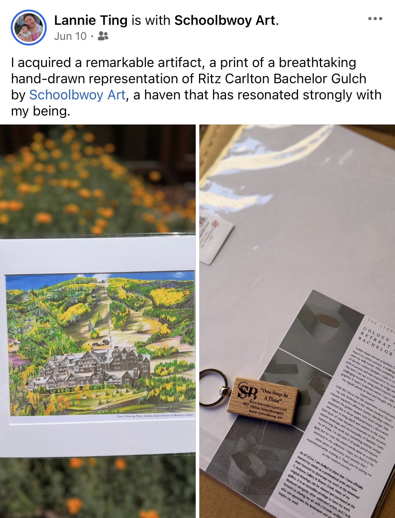 Lannie's Golden Aspen Retreat at Bachelor Gulch print, with her Schoolbwoy Art keychain and story card