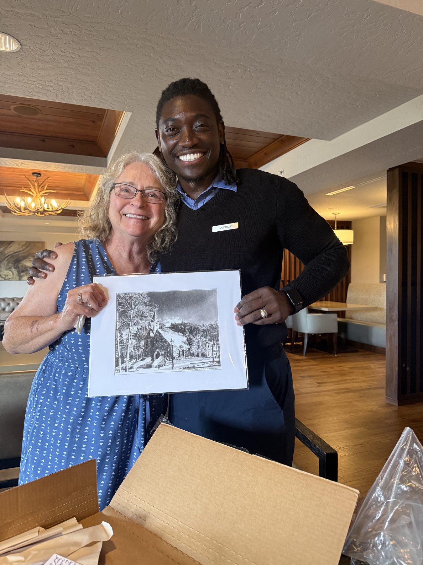 Jackie with her Chapel in the Pines souvenir print