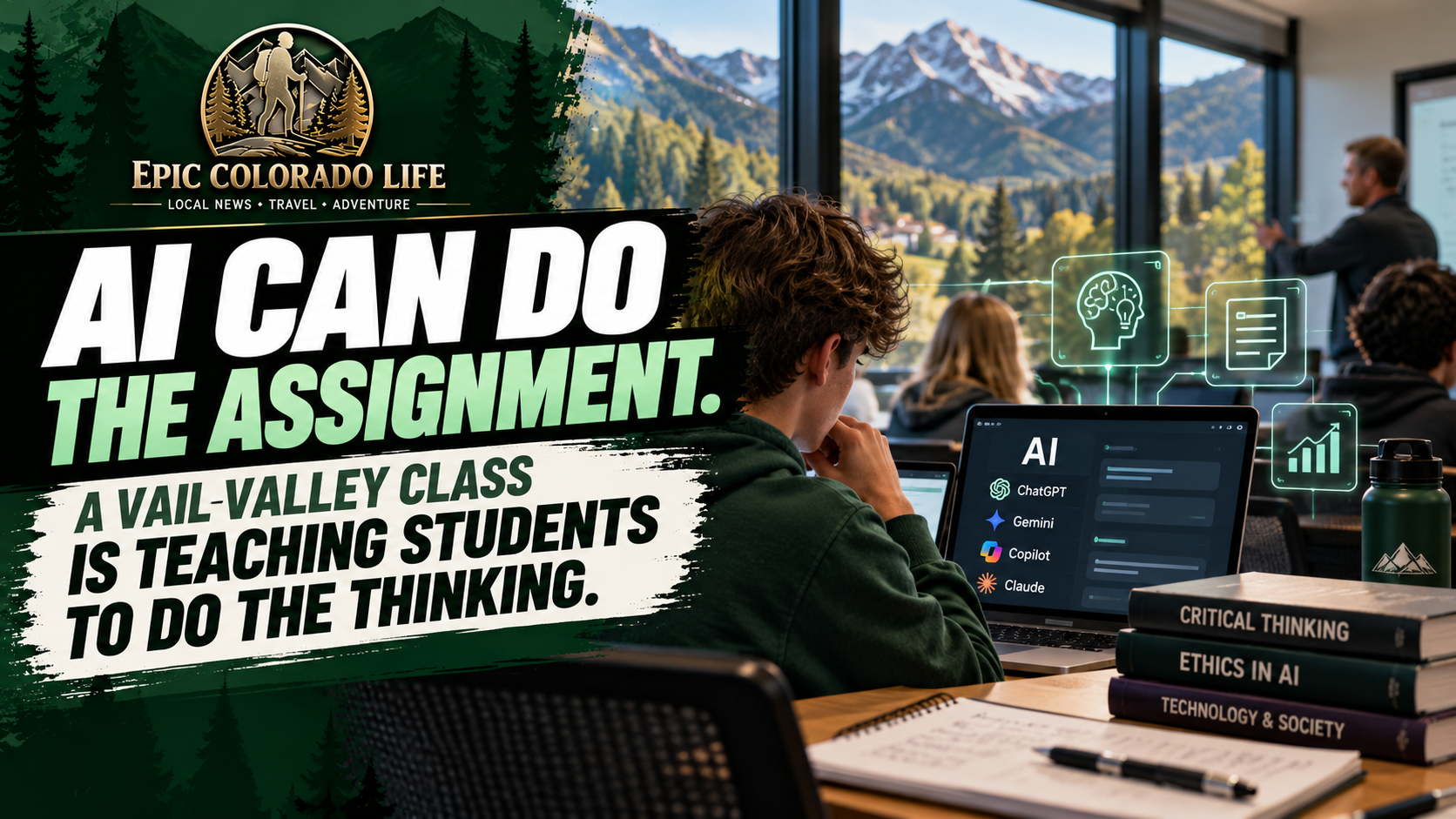 AI-generated classroom scene with students, a laptop displaying AI tools and books about critical thinking, alongside a headline about learning to use AI.
