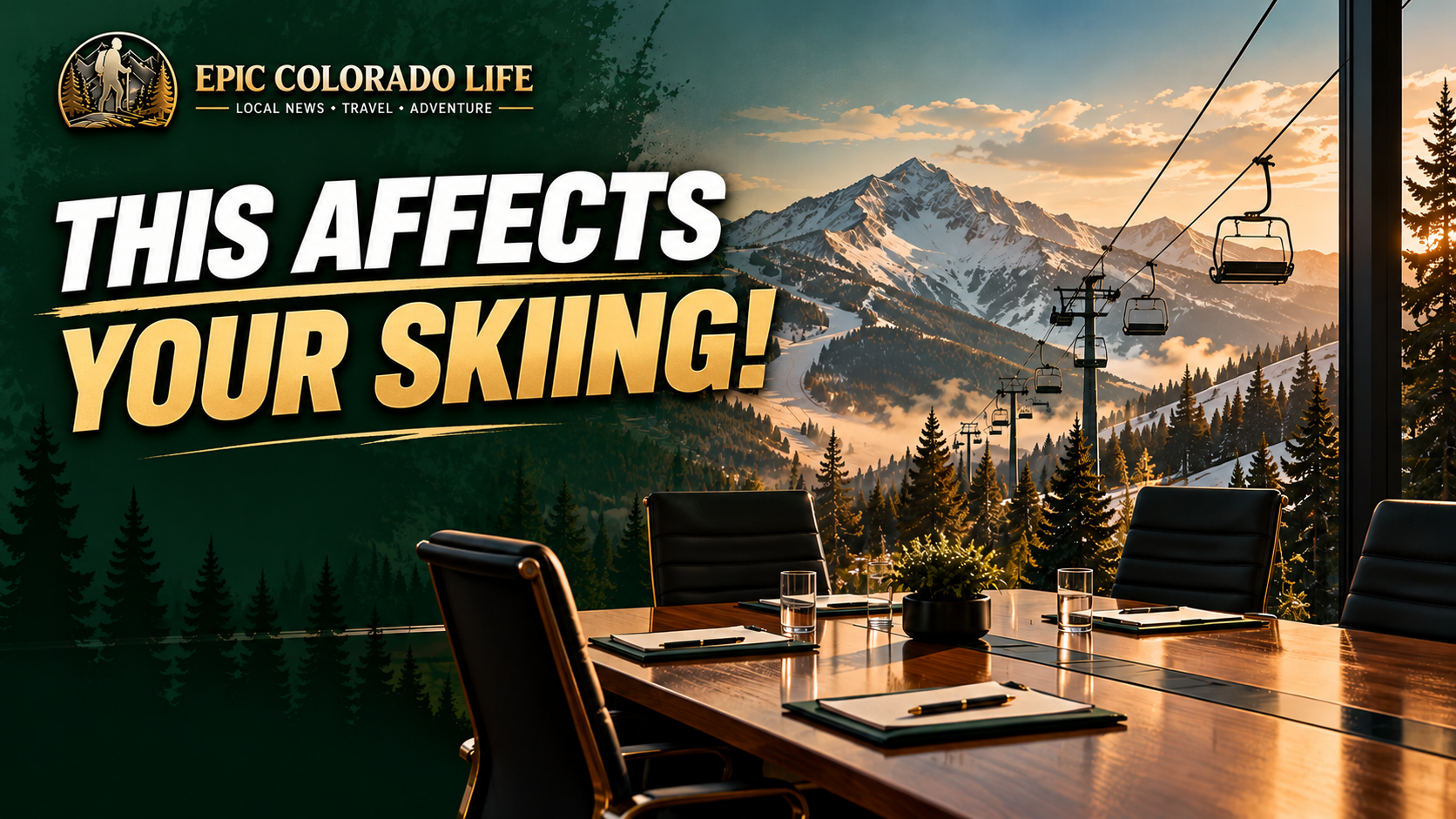 AI illustration combining a ski mountain and boardroom chairs to represent the leadership dispute at Vail Resorts.