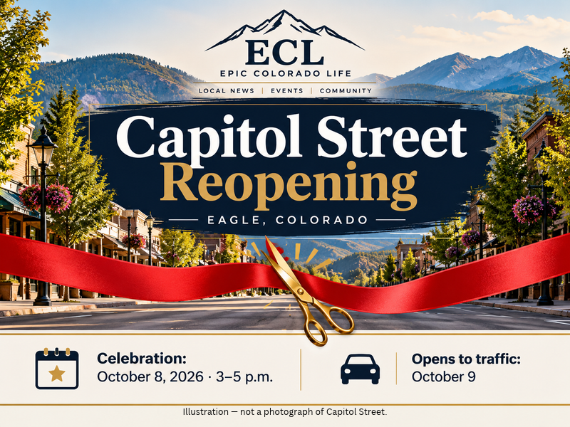 Illustrated ECL graphic announcing Eagle’s Capitol Street celebration October 8, 2026, from 3–5 p.m., and traffic reopening October 9.
