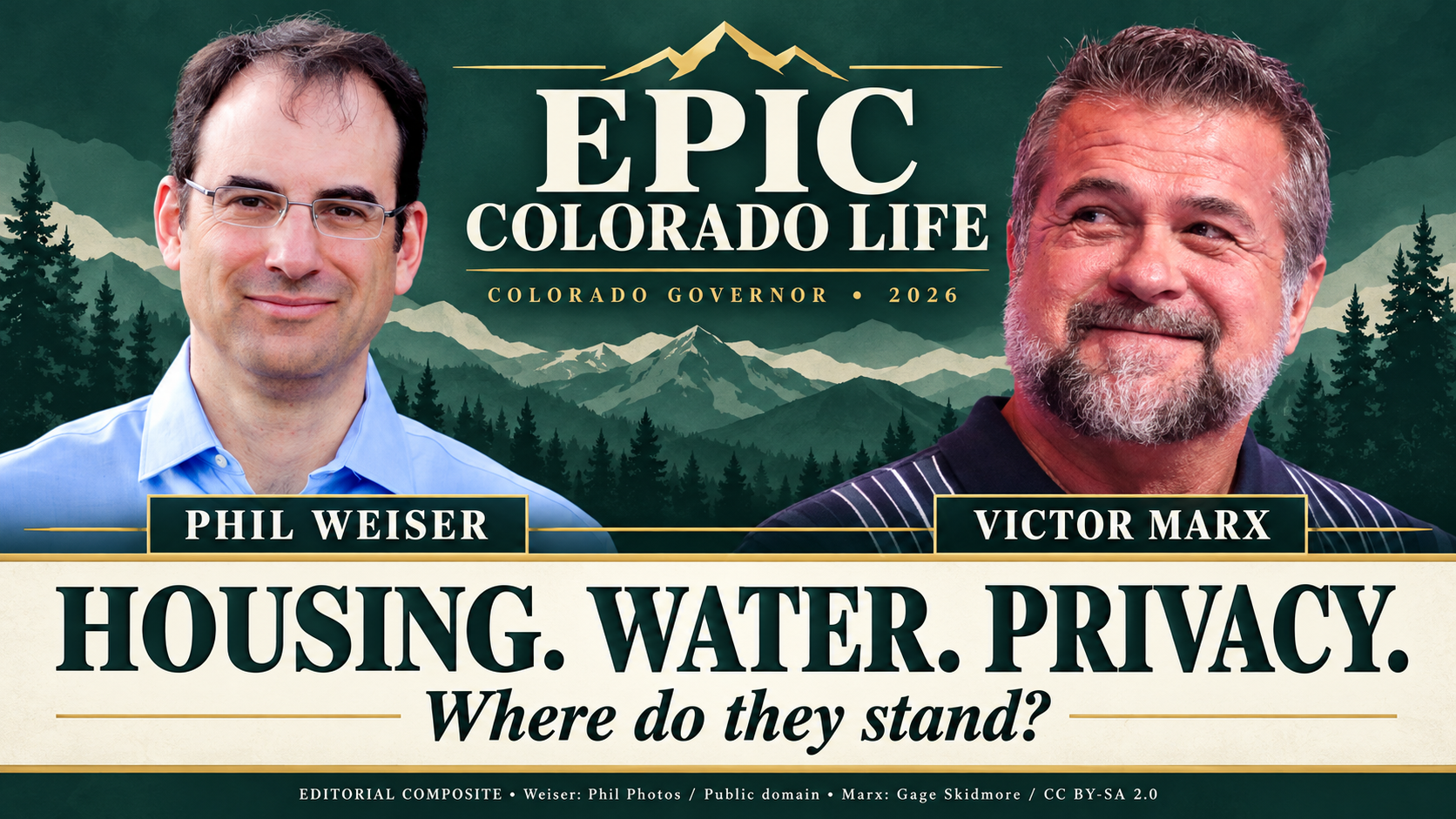 Phil Weiser and Victor Marx in an editorial graphic reading “Housing. Water. Privacy. Where do they stand?”