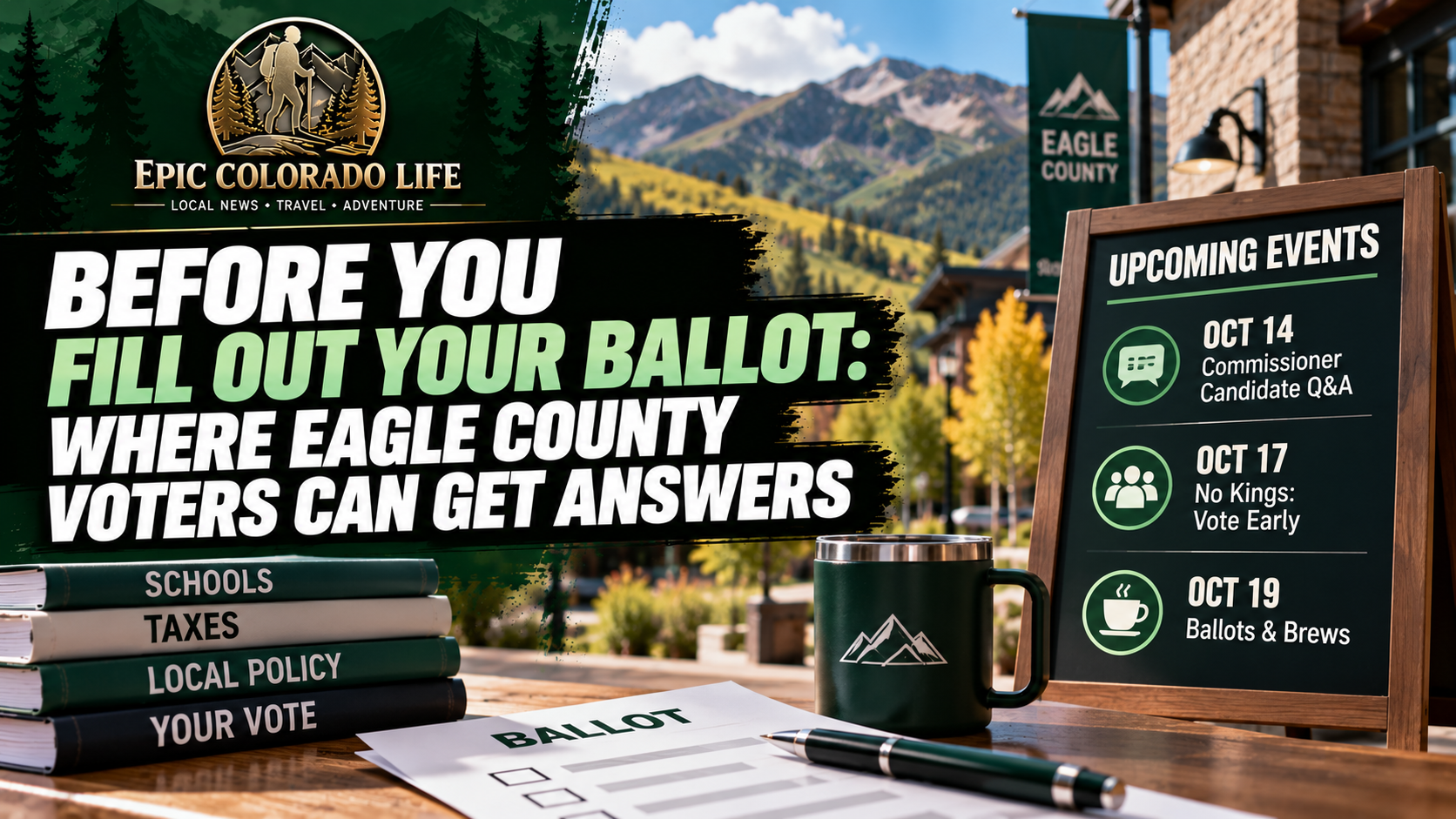 AI graphic listing an Oct. 14 candidate Q&A, Oct. 17 No Kings event and Oct. 19 Ballots & Brews beside symbolic voting materials.