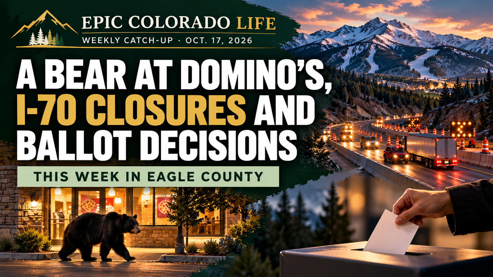 Illustrated Eagle County news roundup showing a bear, a mountain highway, a ballot and ski slopes