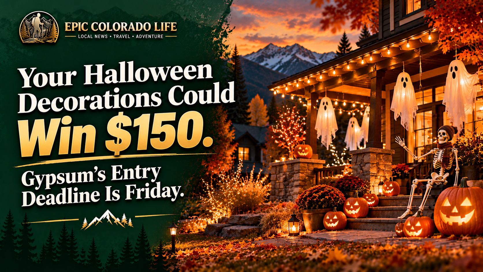 AI illustration of a home decorated with pumpkins, ghosts and Halloween lights for Gypsum’s decoration-contest coverage.