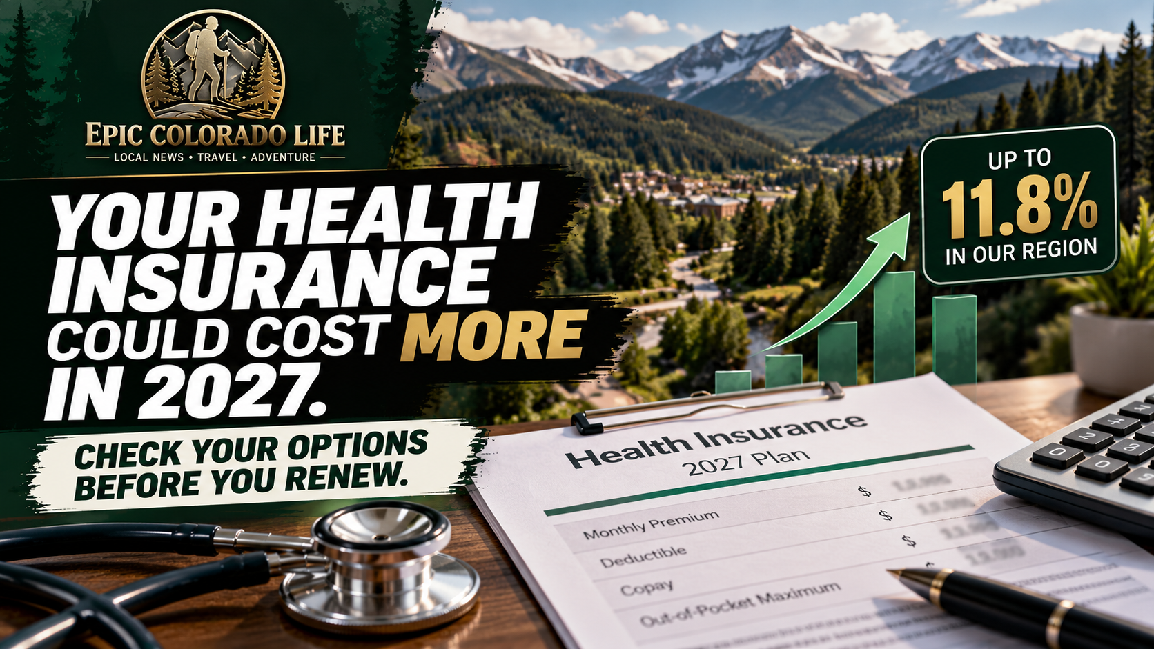 AI-generated insurance graphic with a calculator, stethoscope and paperwork, highlighting an 11.8% average increase for Western region individual plans.