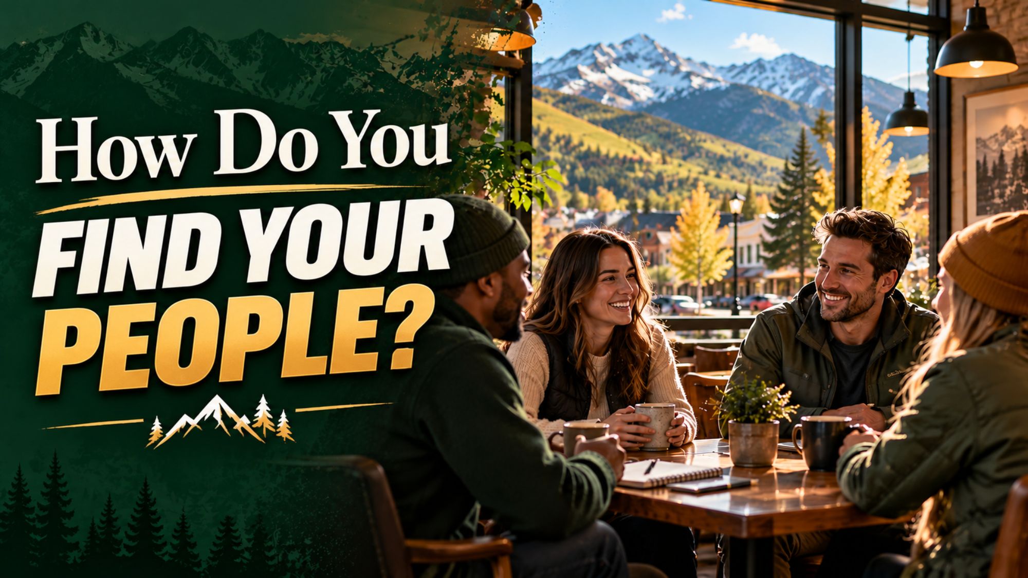 AI illustration of young adults talking around a café table in a mountain town, representing opportunities to build community.