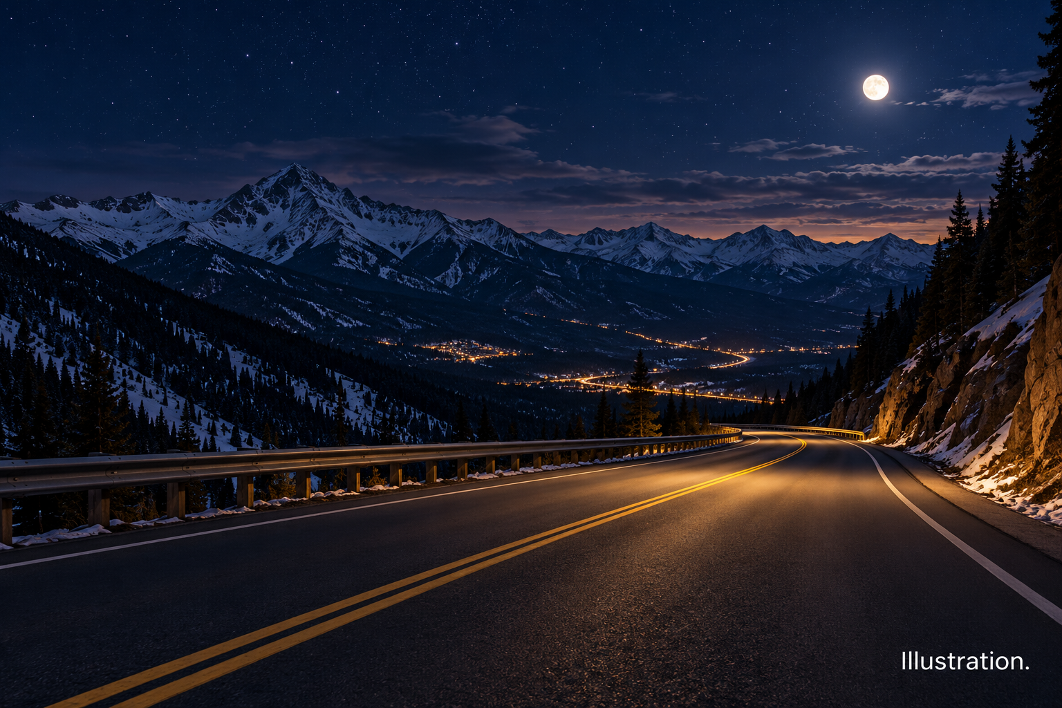 Illustration of a winding Colorado mountain highway at night beneath a moonlit sky, surrounded by snow-covered peaks and evergreen forests.