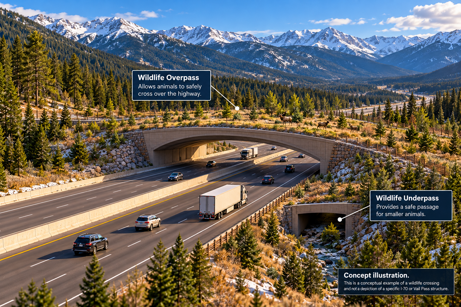 Concept illustration of a wildlife overpass and underpass along a Colorado mountain highway, showing elk crossing above traffic and a stream passage beneath the roadway.