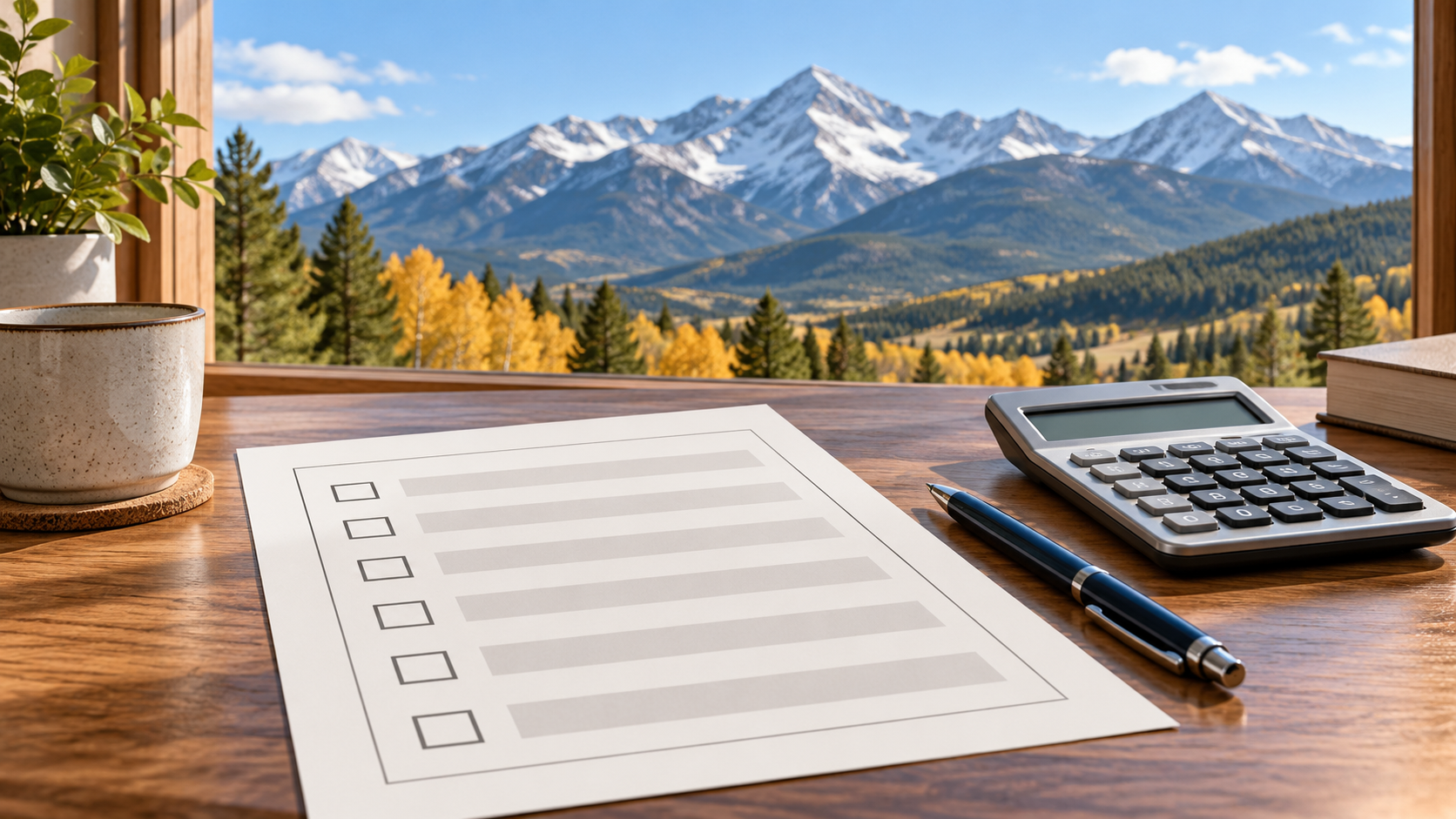 Illustration of a blank Colorado ballot, pen and calculator with mountains beyond