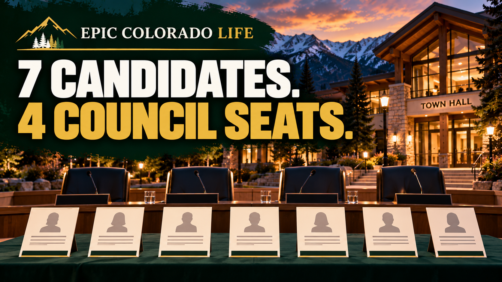 Illustration of seven candidate cards and four council seats against a mountain-town backdrop.
