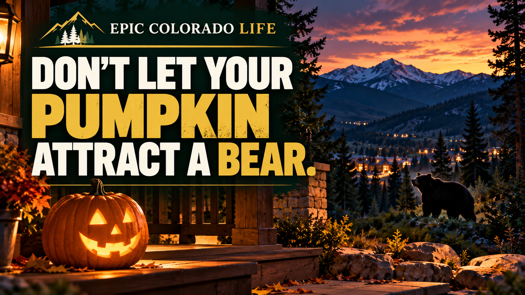 Illustration of a Halloween pumpkin on a mountain-town porch with a bear in the distant woods.
