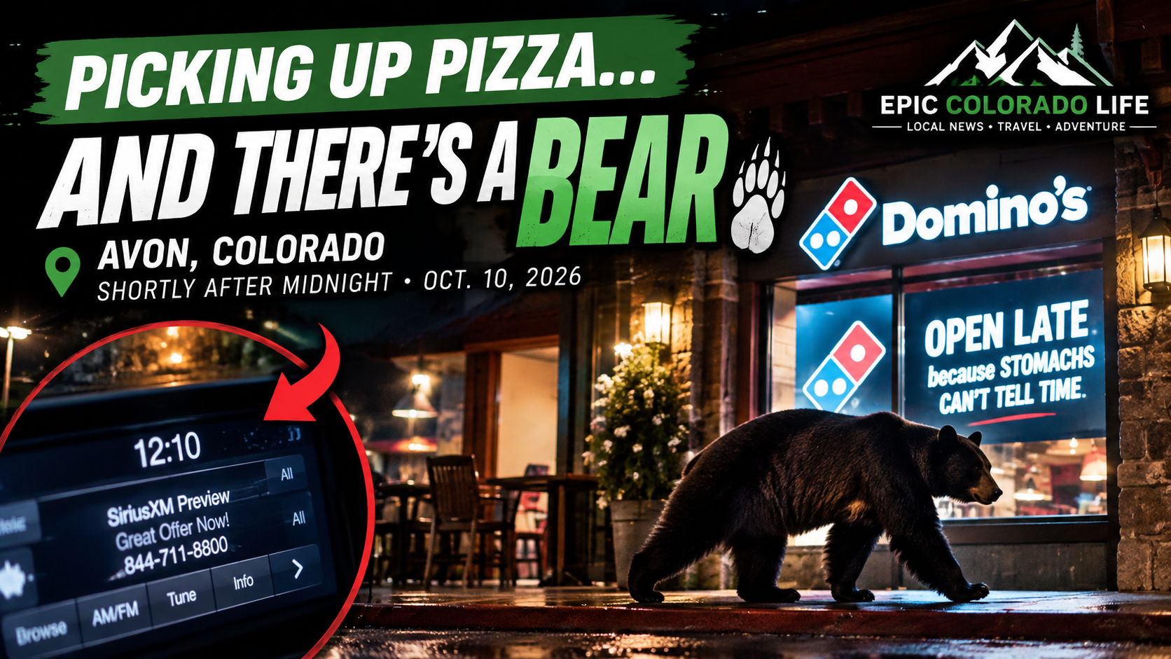 AI-generated illustration of a bear outside Domino’s at night, with text reading “Picking up pizza… and there’s a bear.”