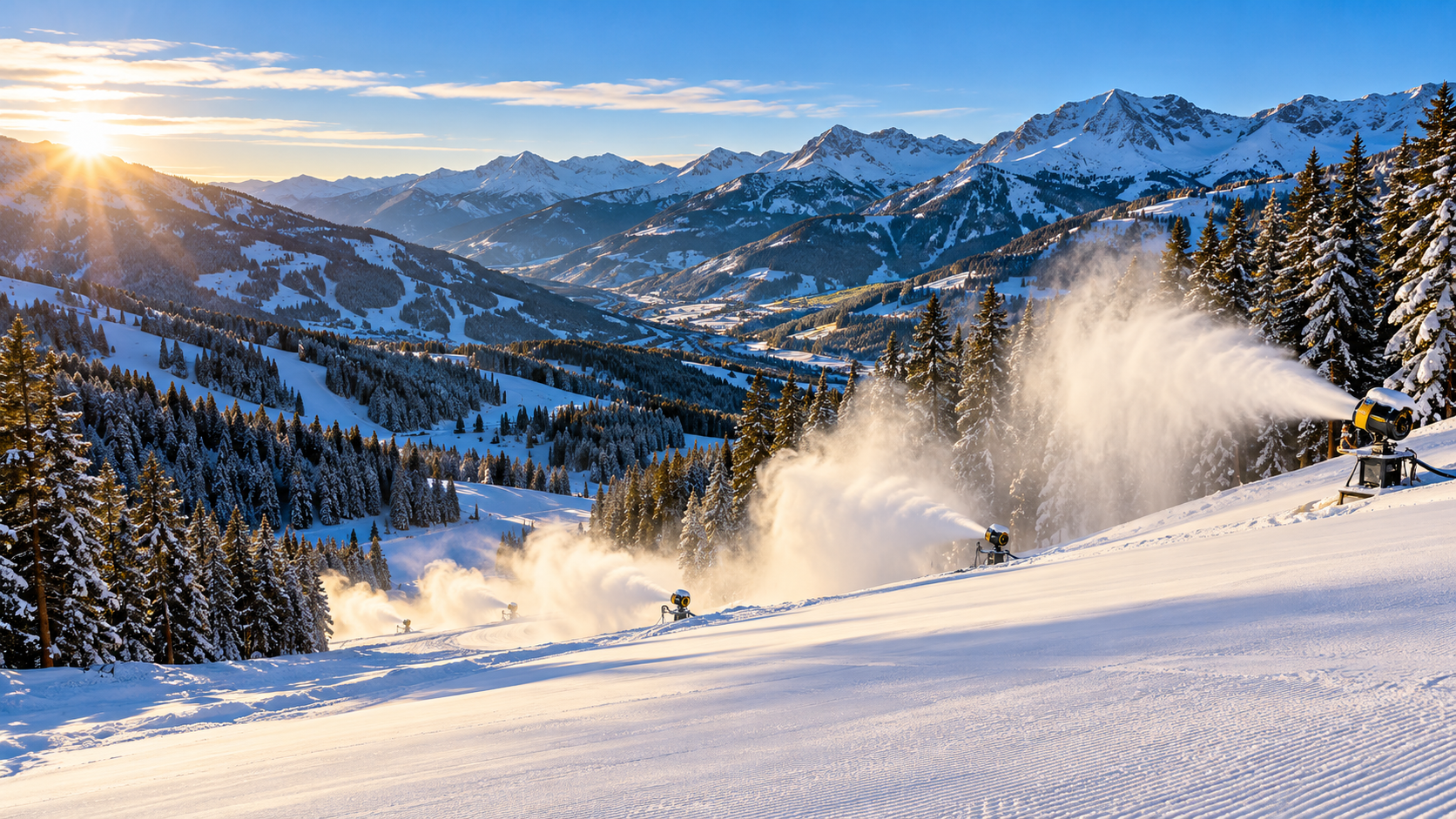 Illustration of snowmaking machines on a snowy Colorado mountain race slope at sunrise