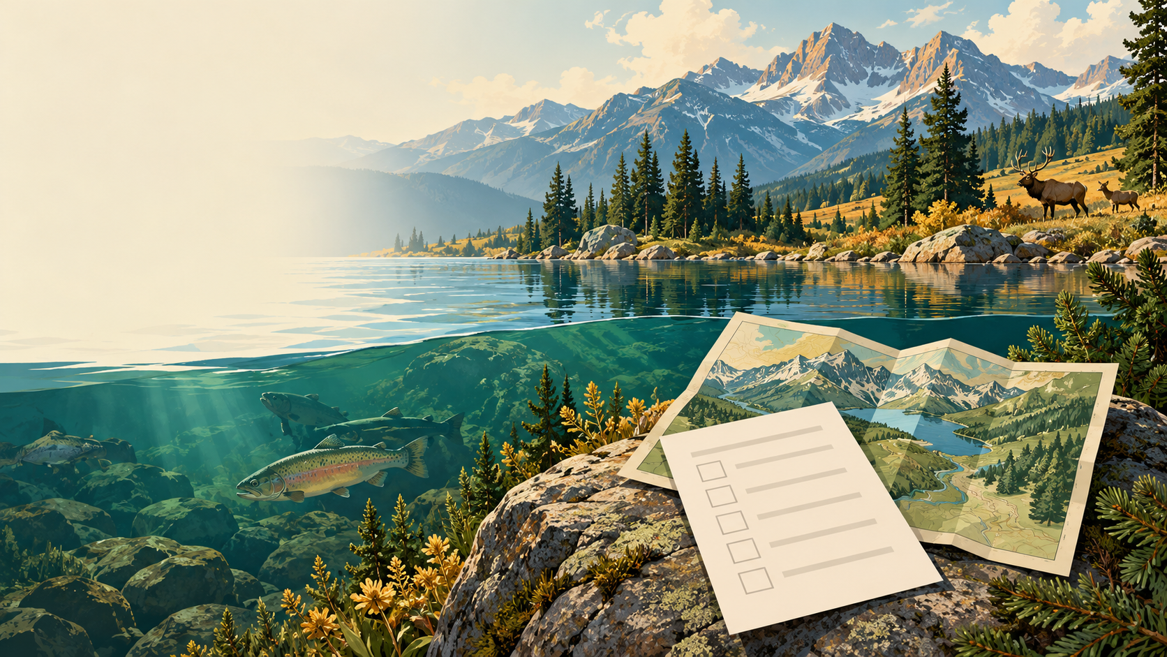 AI illustration of a Colorado mountain lake with fish, wildlife, a map and an unmarked ballot