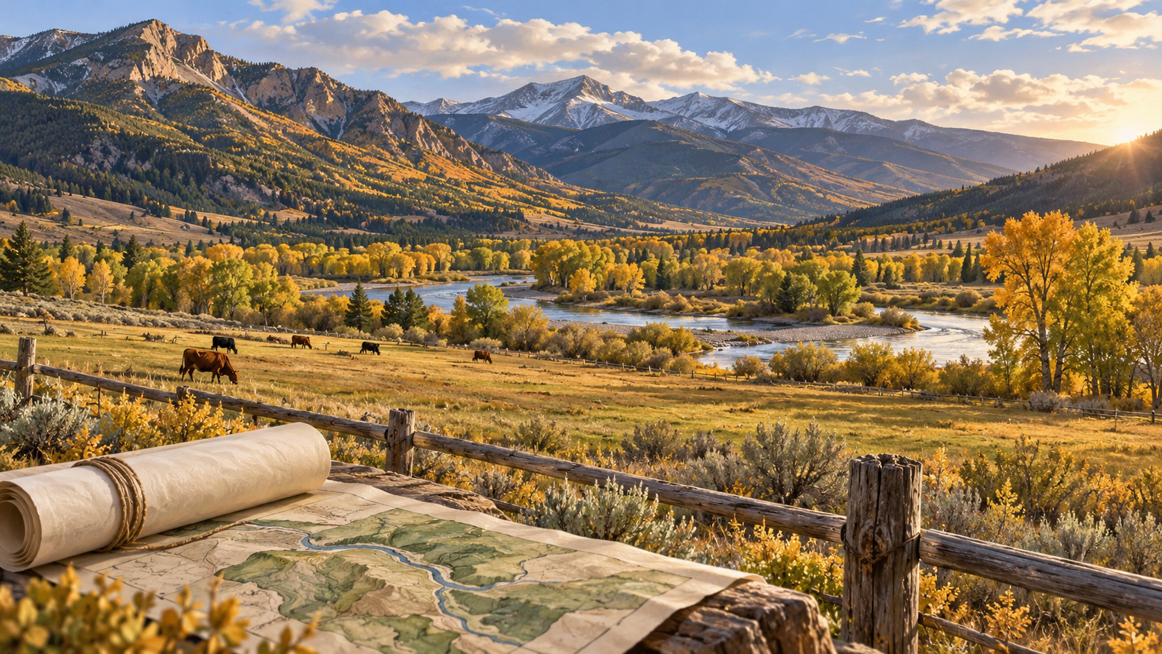 AI illustration of an autumn Eagle Valley ranch, river and mountain landscape beside a conservation easement map