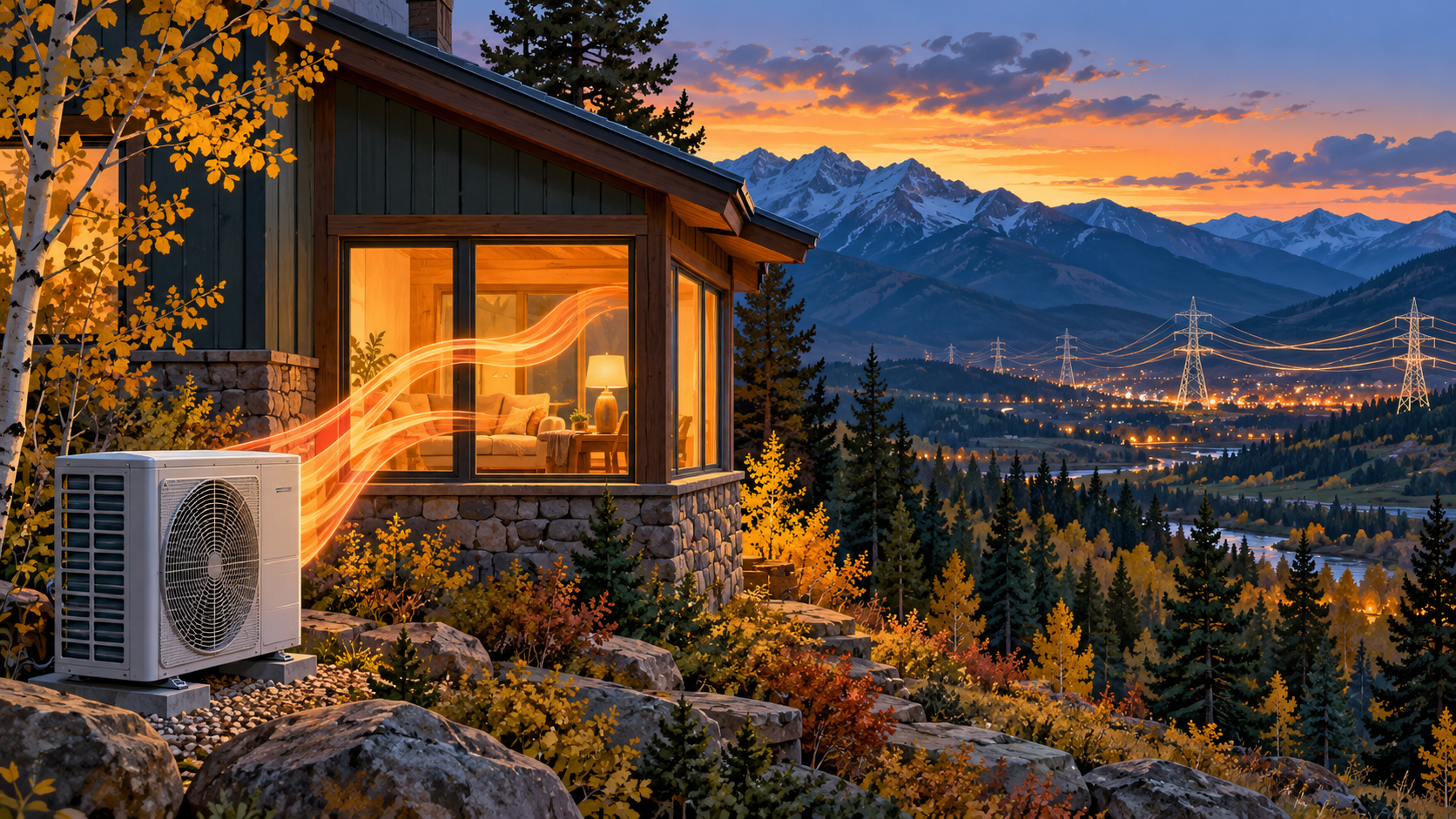 AI illustration of a heat pump outside a Colorado mountain home