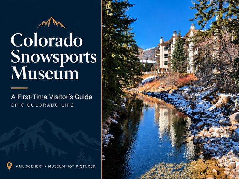 Colorado Snowsports Museum visitor’s guide graphic featuring a creek and buildings in Vail; museum not pictured.