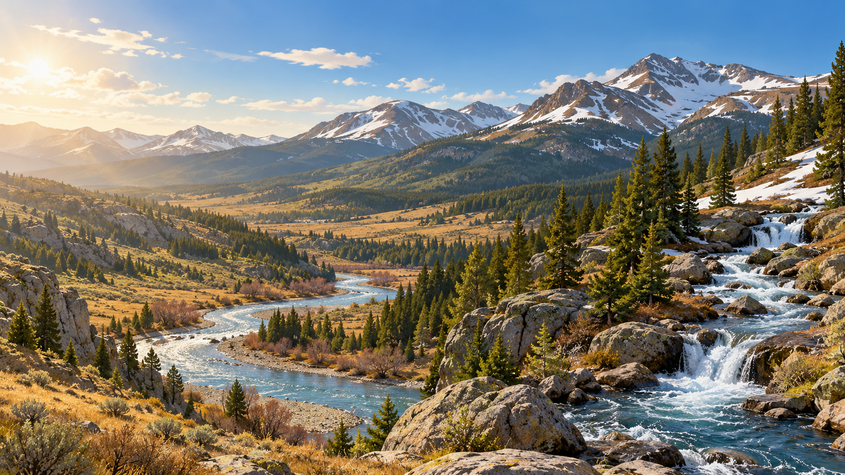 AI illustration of Colorado mountain snowpack, a river and warm-weather conditions
