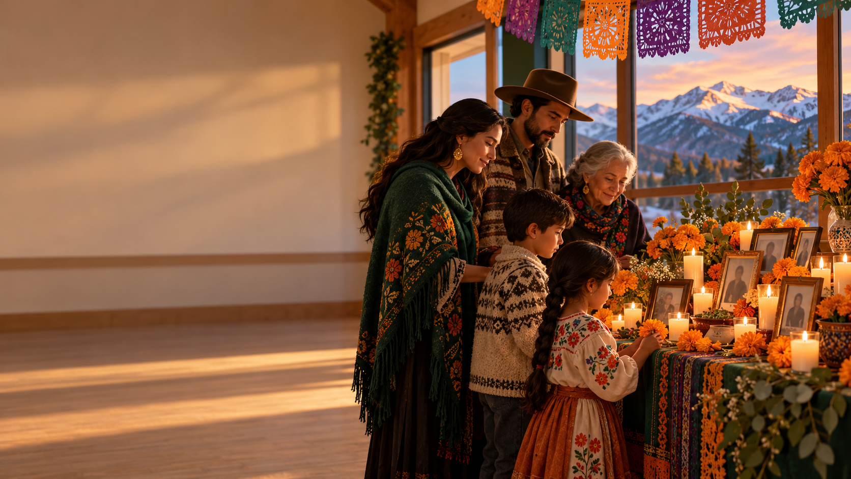 AI illustration of a fictional family gathered around a Día de Muertos remembrance table with marigolds