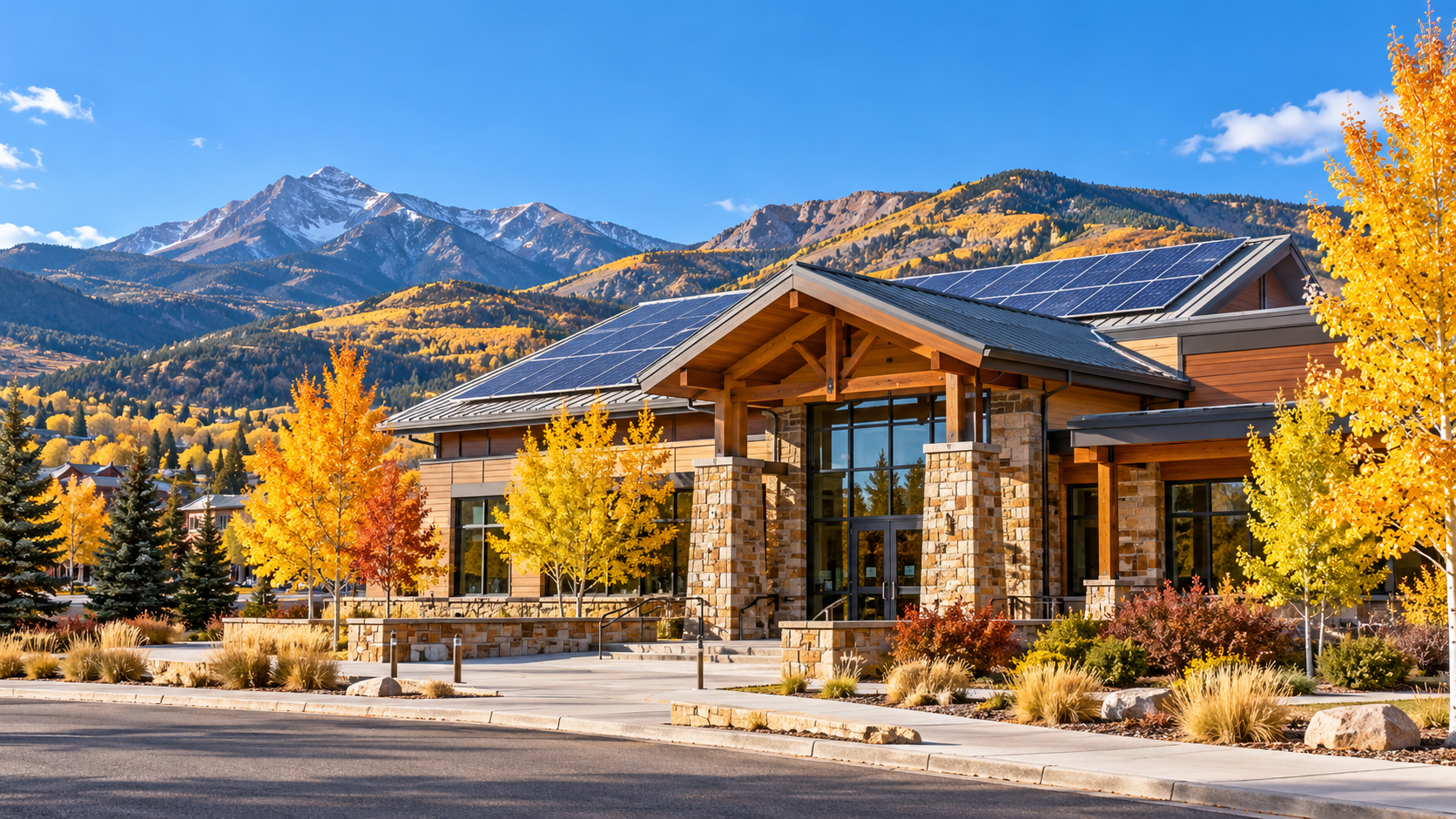 Illustration of a solar-roofed mountain-town building in an autumn Colorado landscape