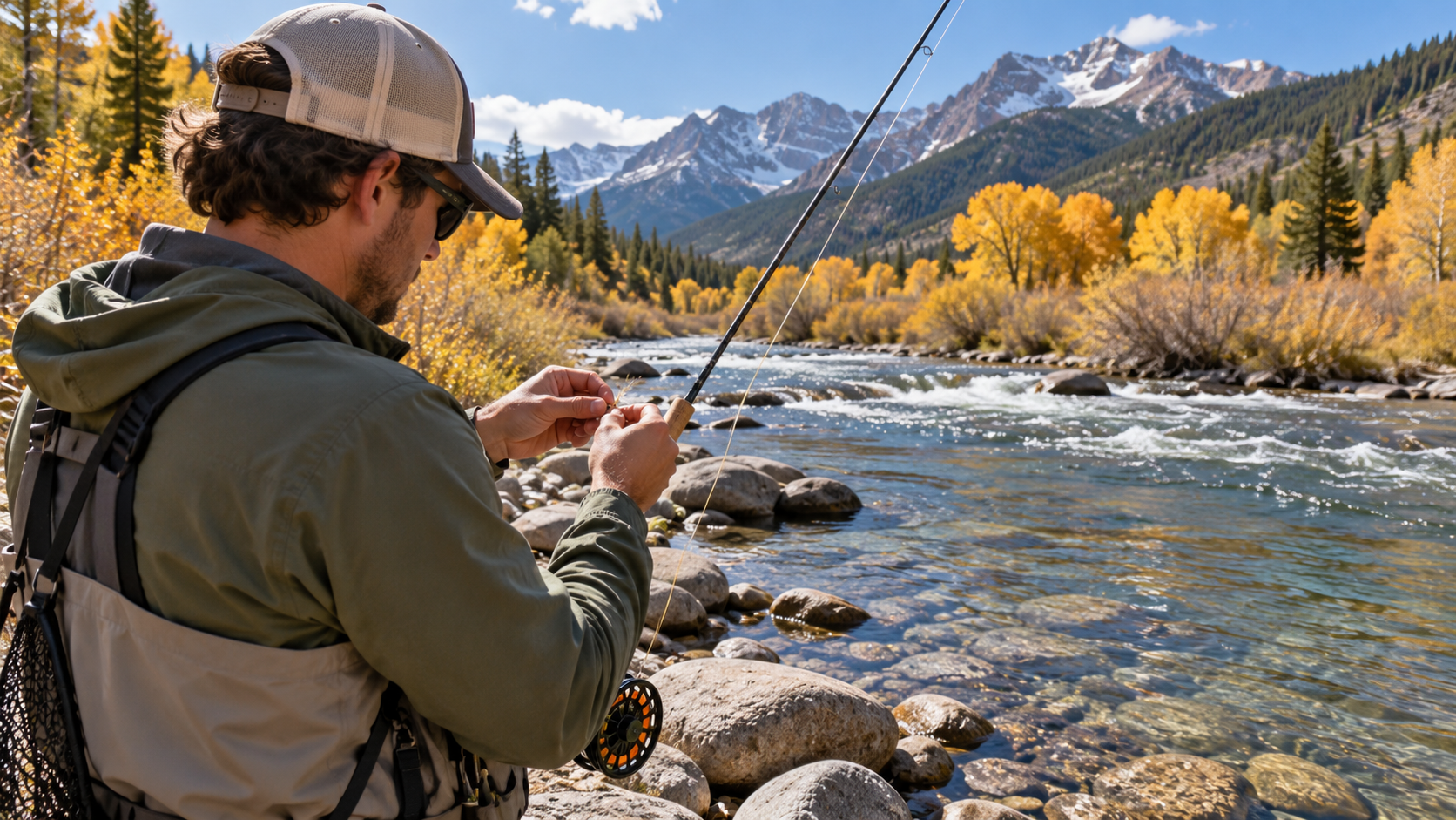 Illustration of a beginner fly angler practicing a short cast beside a Colorado river.
