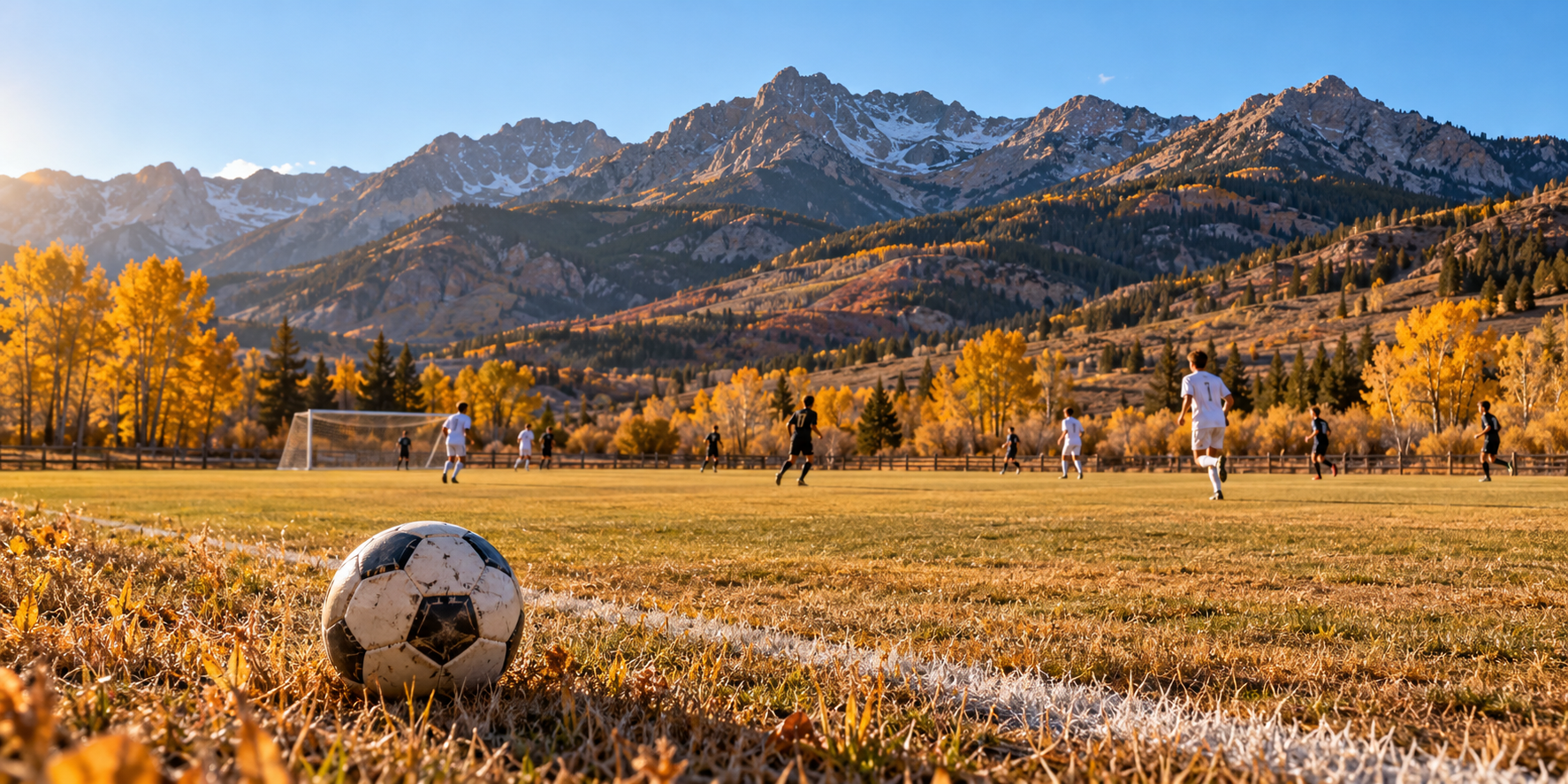 Illustration of a mountain soccer field in autumn with players in the distance and a ball in the foreground.