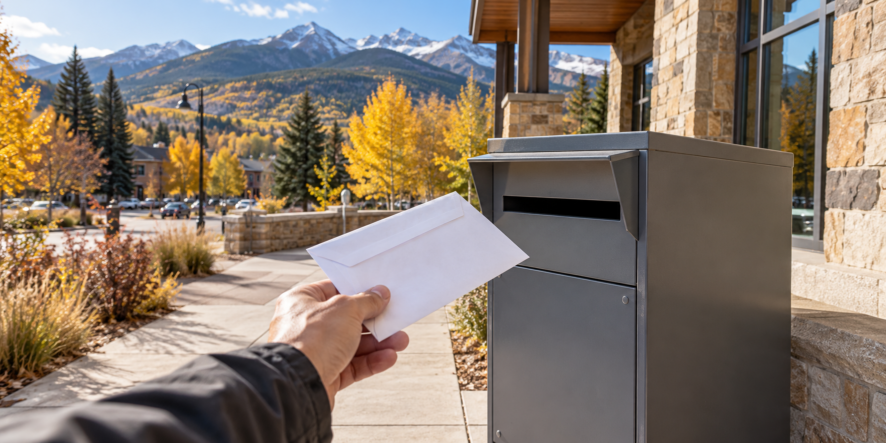 Illustration of a ballot envelope beside a generic drop box in an autumn Colorado mountain town