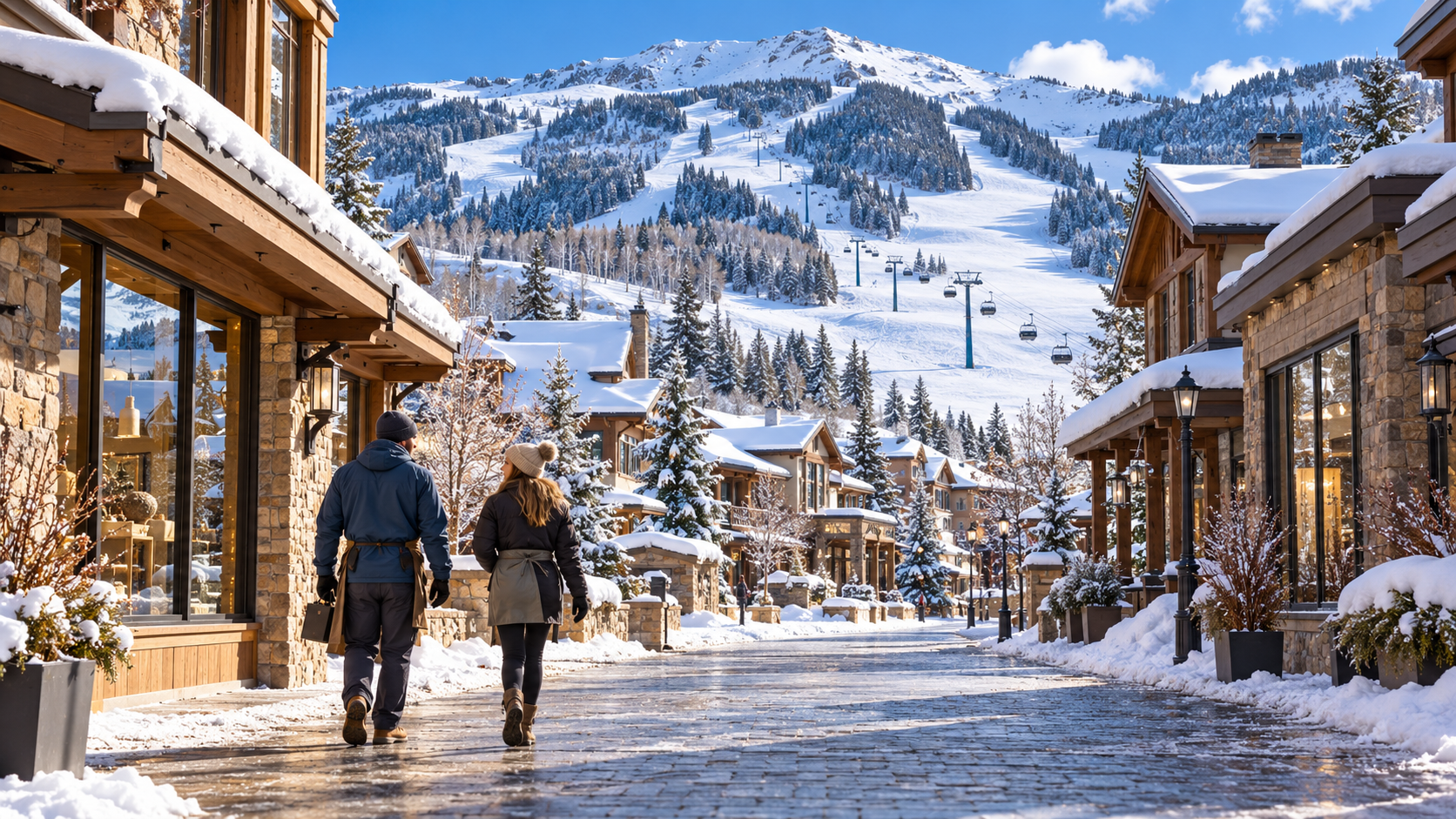Illustration of workers walking through a snowy Vail Valley village beneath the ski mountains.
