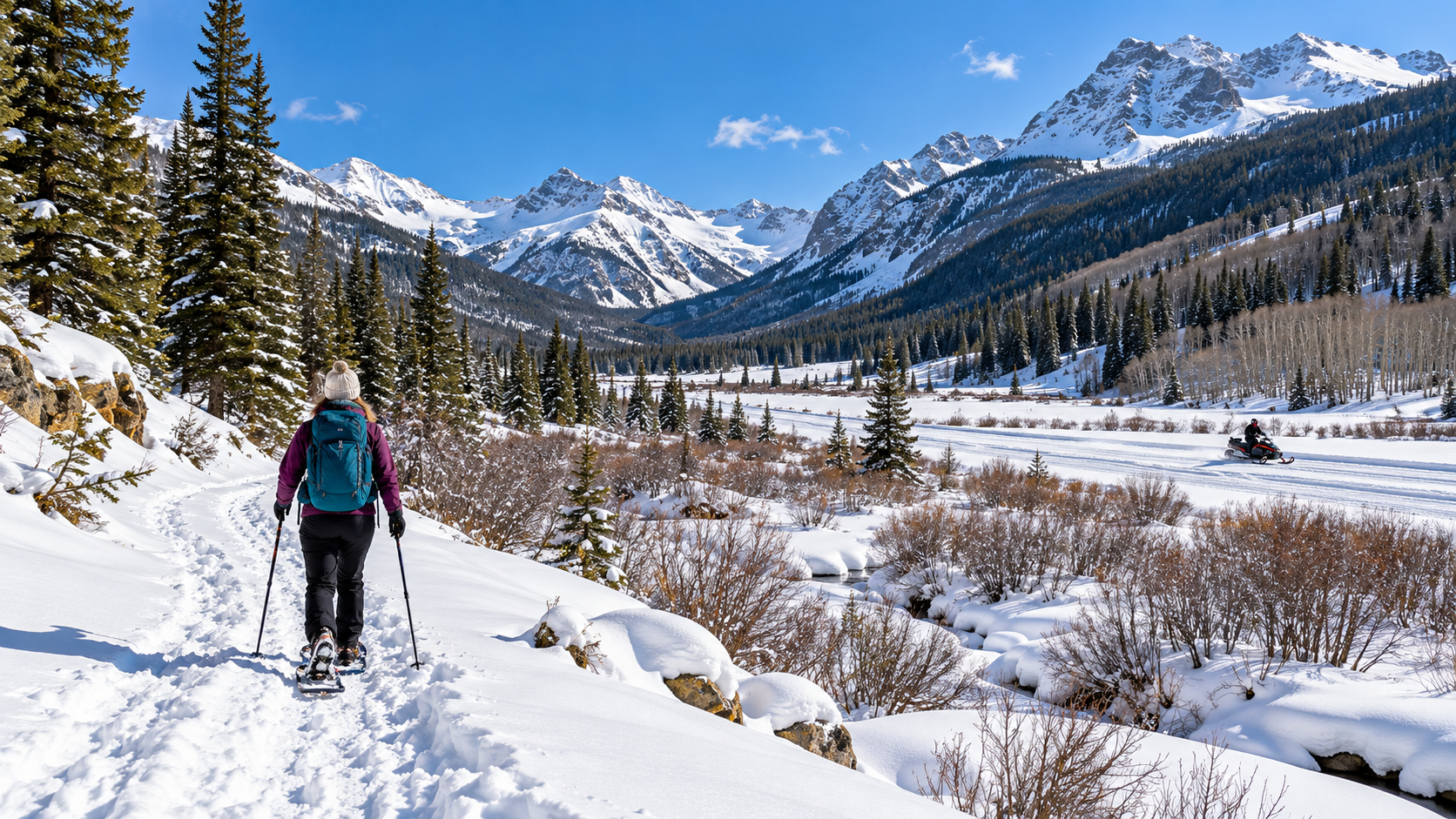 Illustration of a snowshoer and distant snowmobile in a Colorado mountain valley in winter.