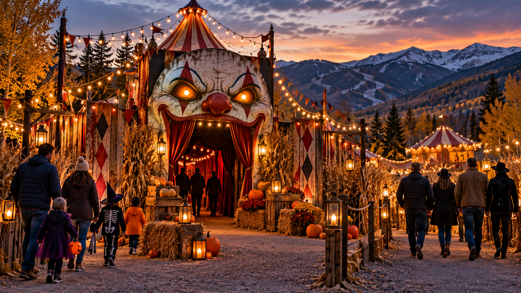 Illustration of a Halloween carnival setting at night in the mountains