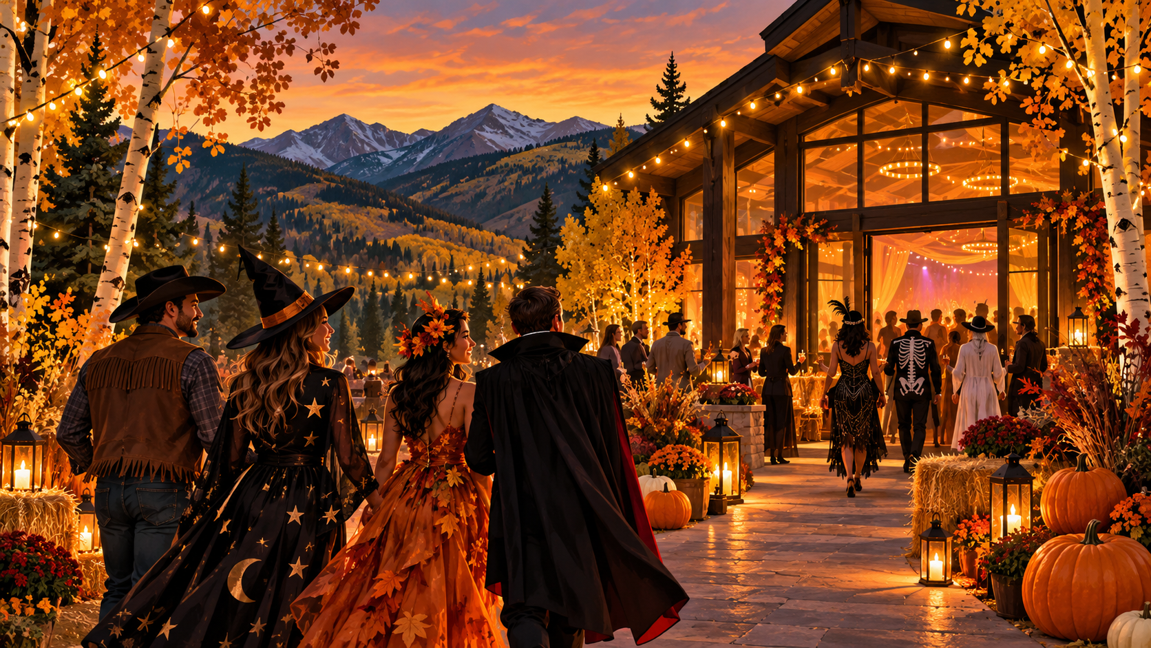 AI illustration of costumed adults arriving at a mountain-town Halloween gathering