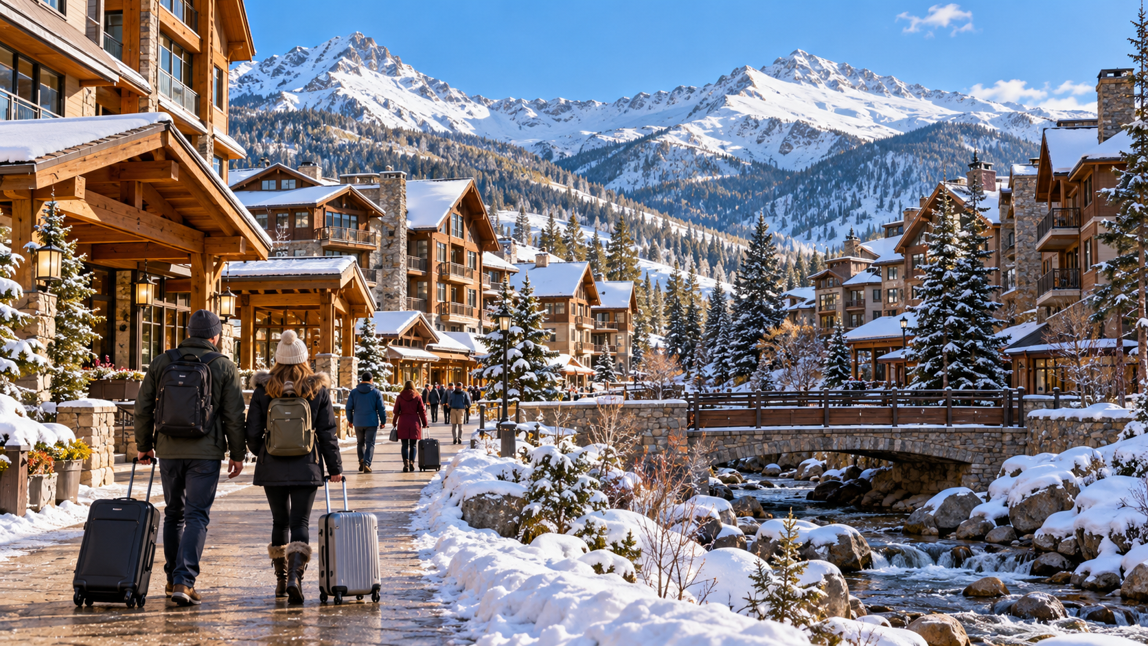 Illustration of a snowy Colorado mountain village with lodges and winter visitors