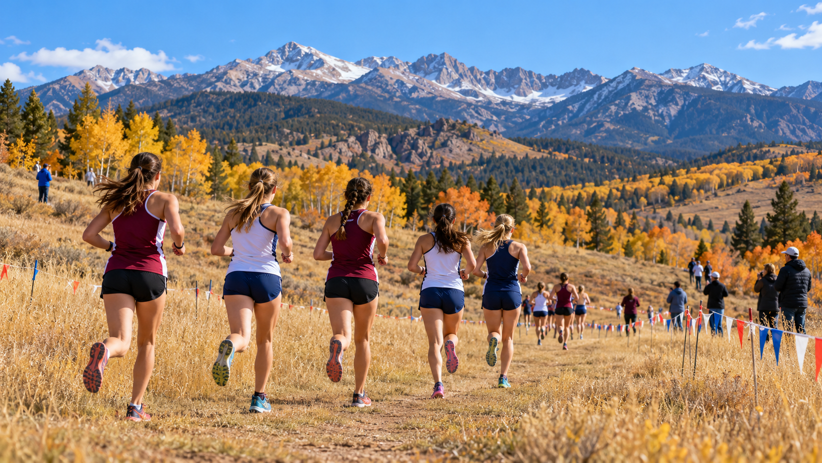 AI illustration of cross-country runners on a mountain trail in autumn.