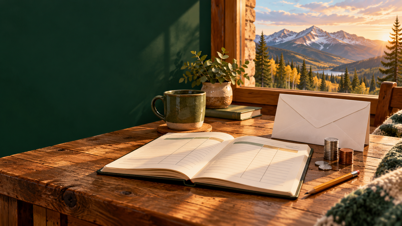 Illustration of a ledger, coins, and ballot envelope against a Colorado mountain view, representing TABOR questions.