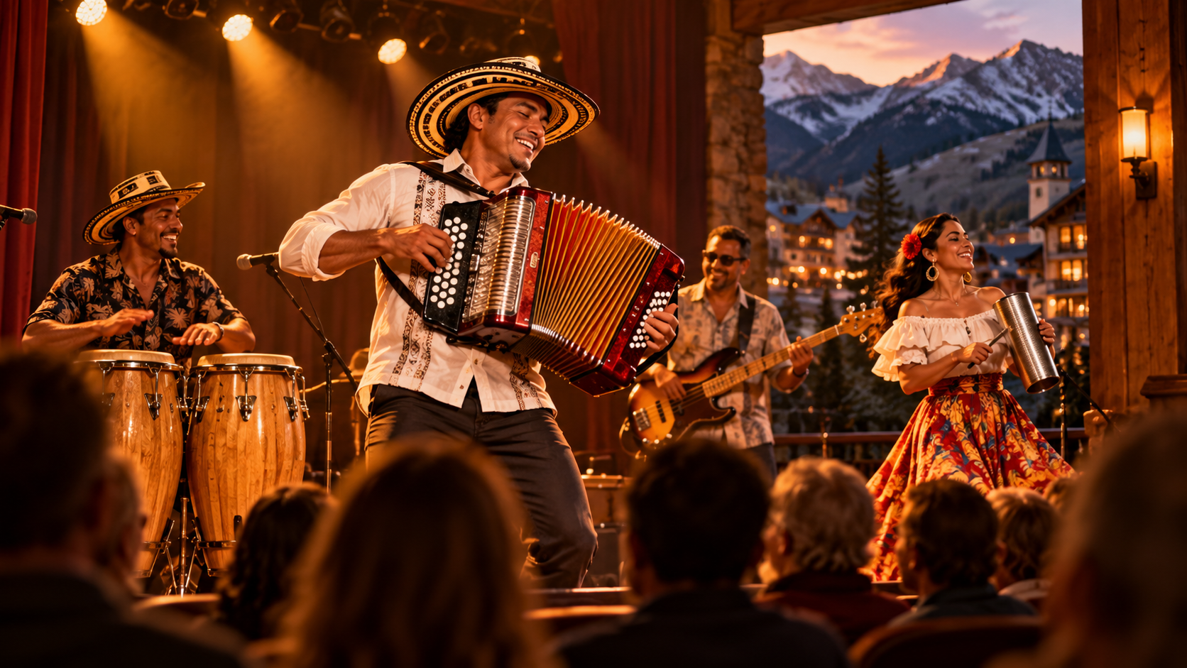 Editorial illustration of a Colombian cumbia band performing with accordion at a mountain-town theater.