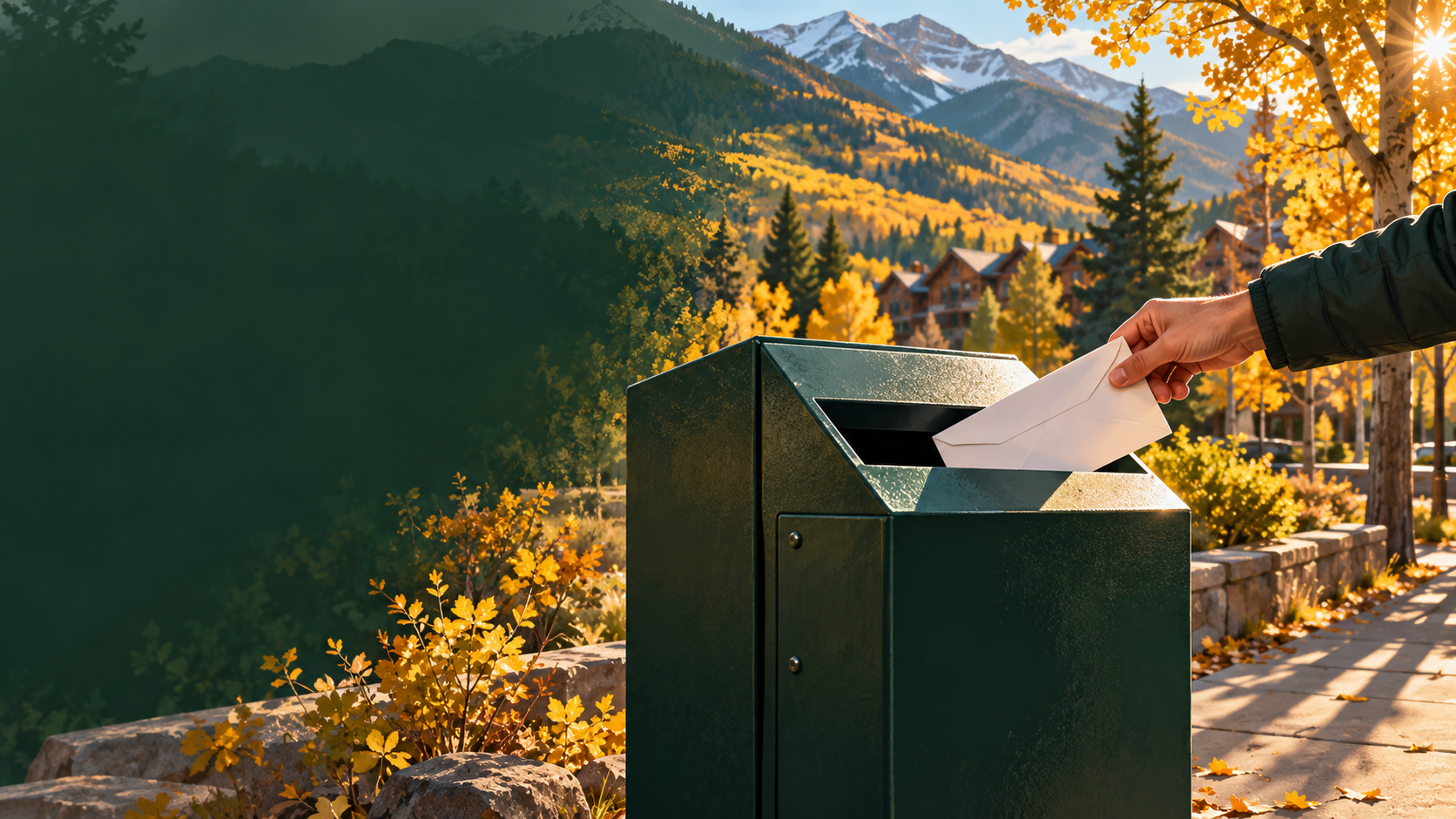 Illustration of a sealed ballot envelope being placed into a drop box in a Colorado mountain town.