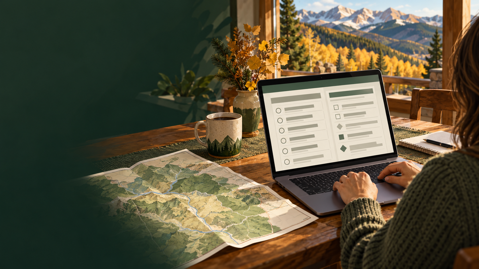 Illustration of an Eagle County voter viewing a sample ballot on a laptop beside a map.