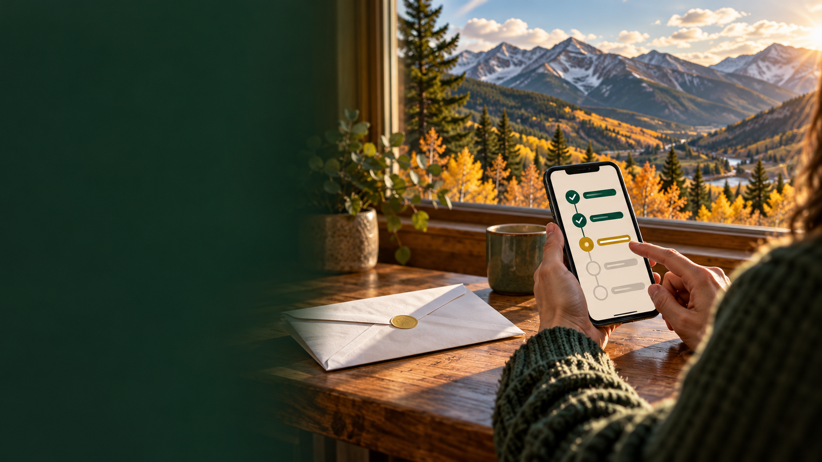 Illustration of a voter checking ballot status on a phone beside a sealed envelope in a Colorado mountain home.