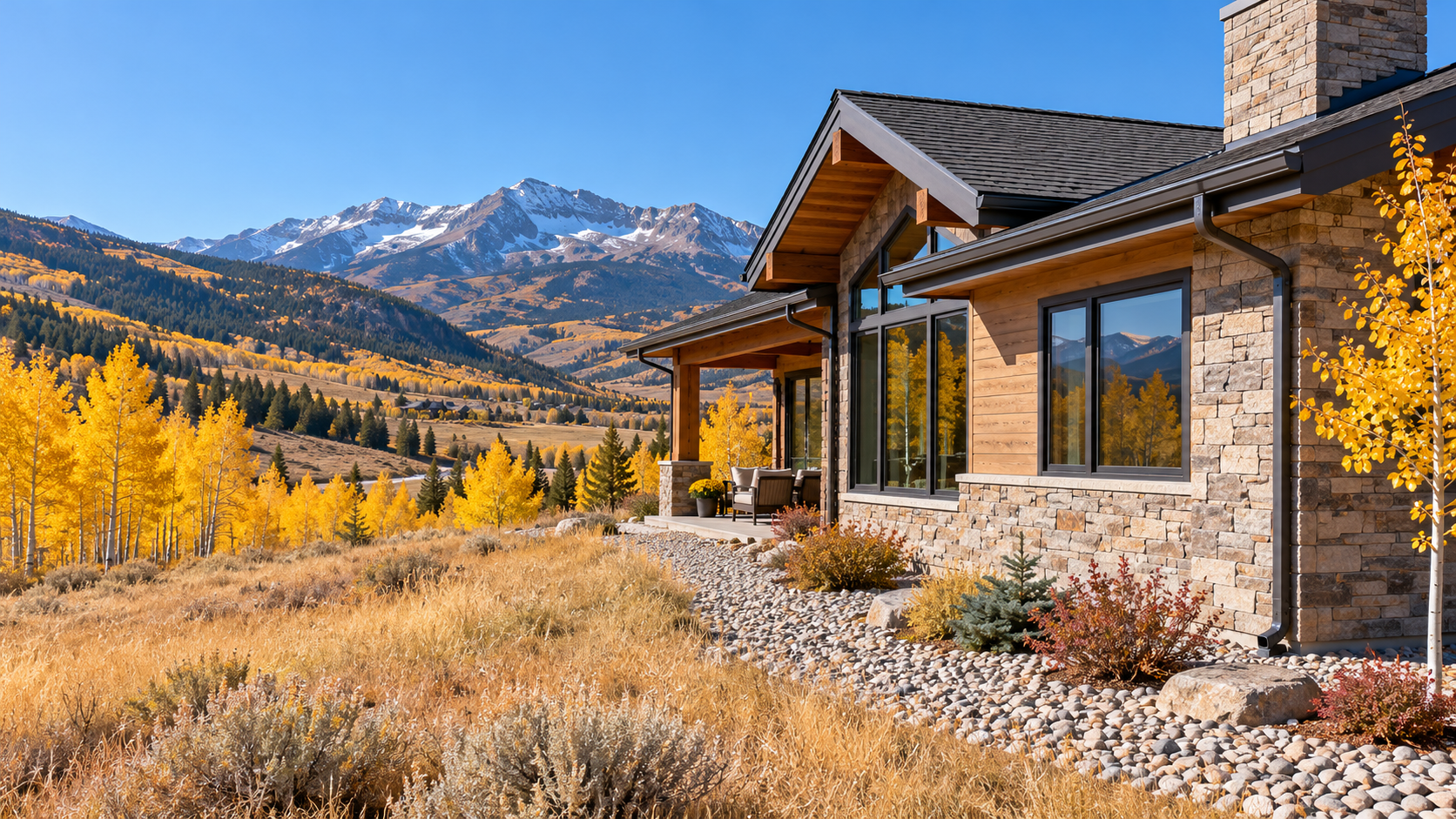 AI illustration of a mountain home in a Colorado valley with a clear autumn sky.