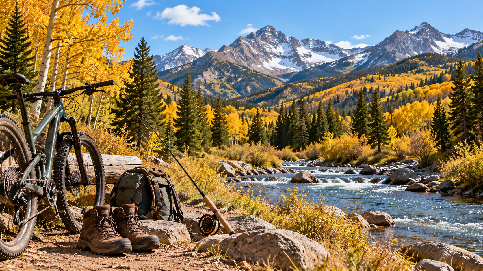 Illustration of Colorado mountains, a river and outdoor recreation gear in autumn