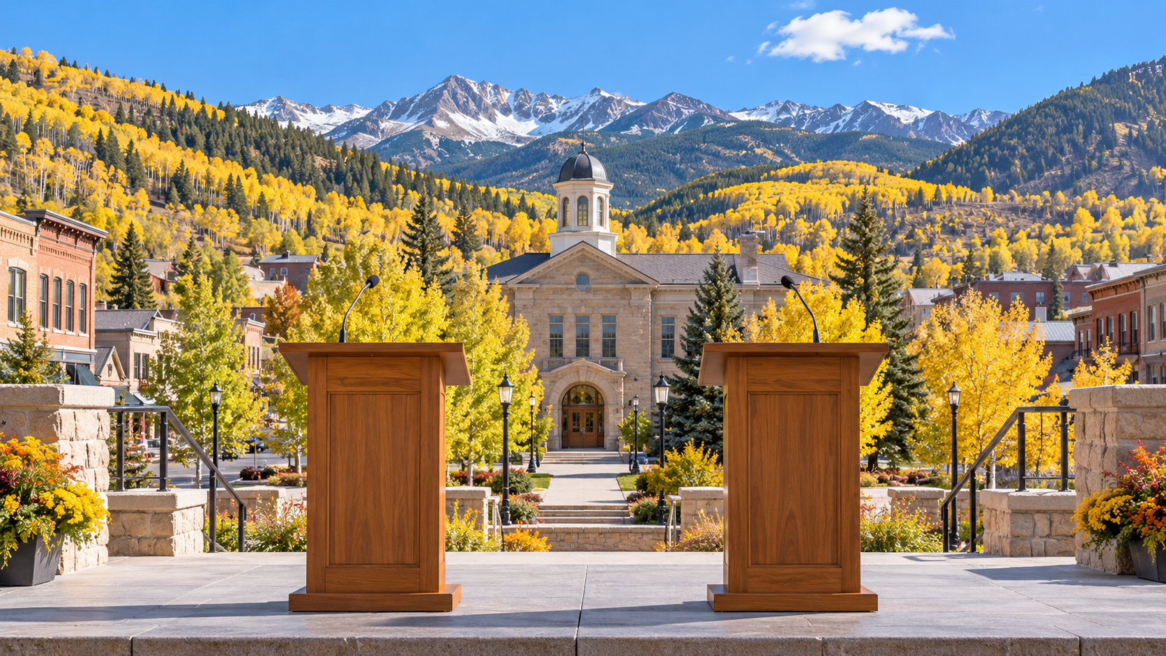 Illustration of two empty lecterns in a Colorado mountain-town civic setting