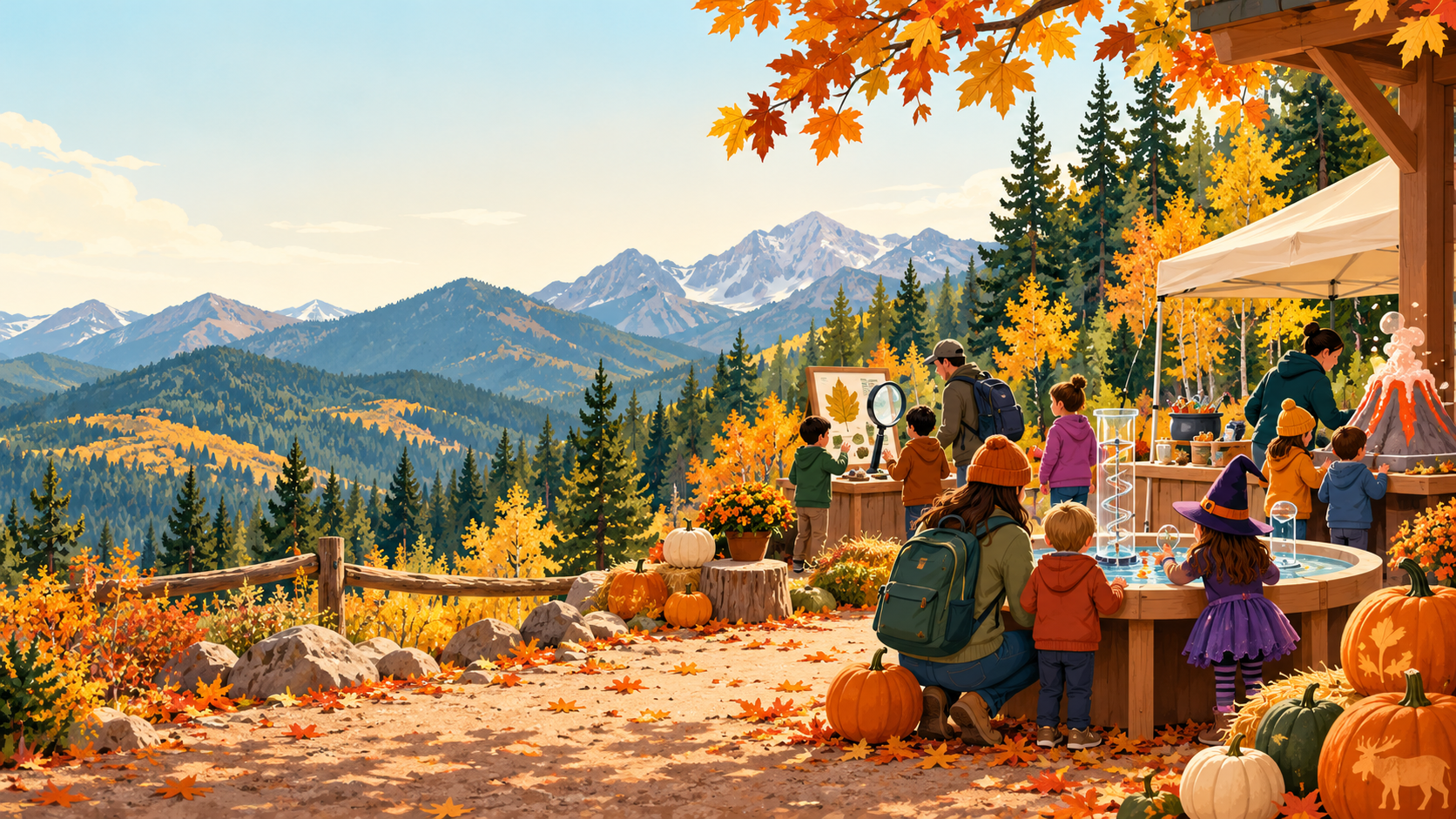 AI illustration of families exploring Halloween-themed science activities in a Colorado mountain setting