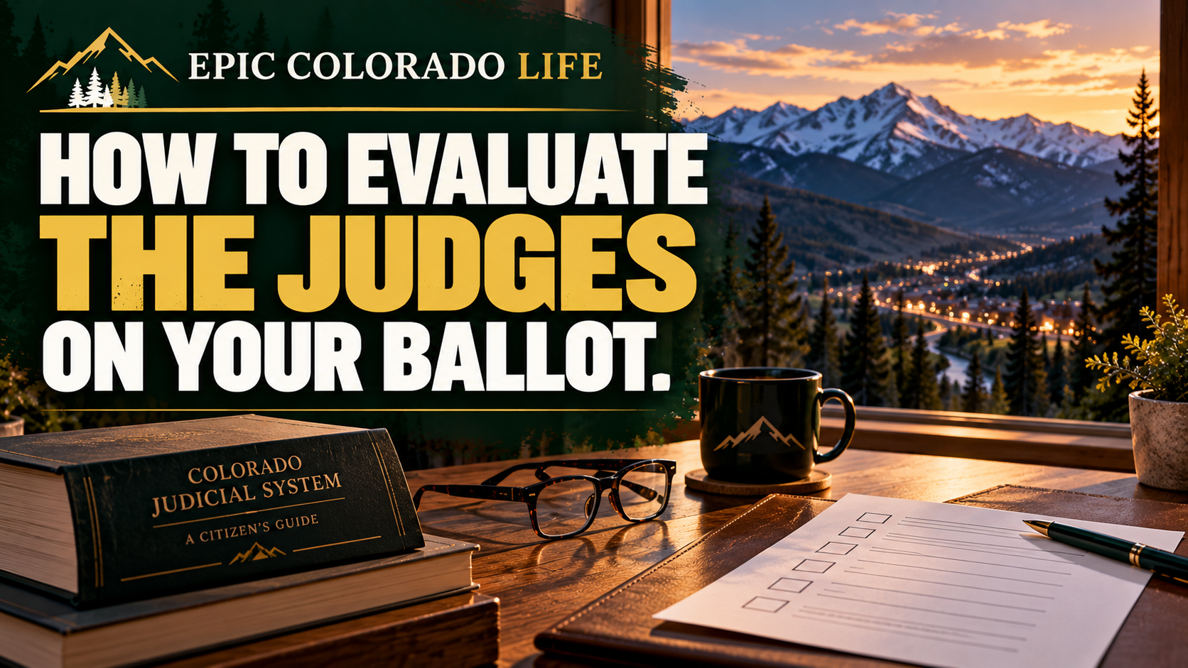 Illustration of a voter reviewing a judicial information booklet beside an unmarked ballot.