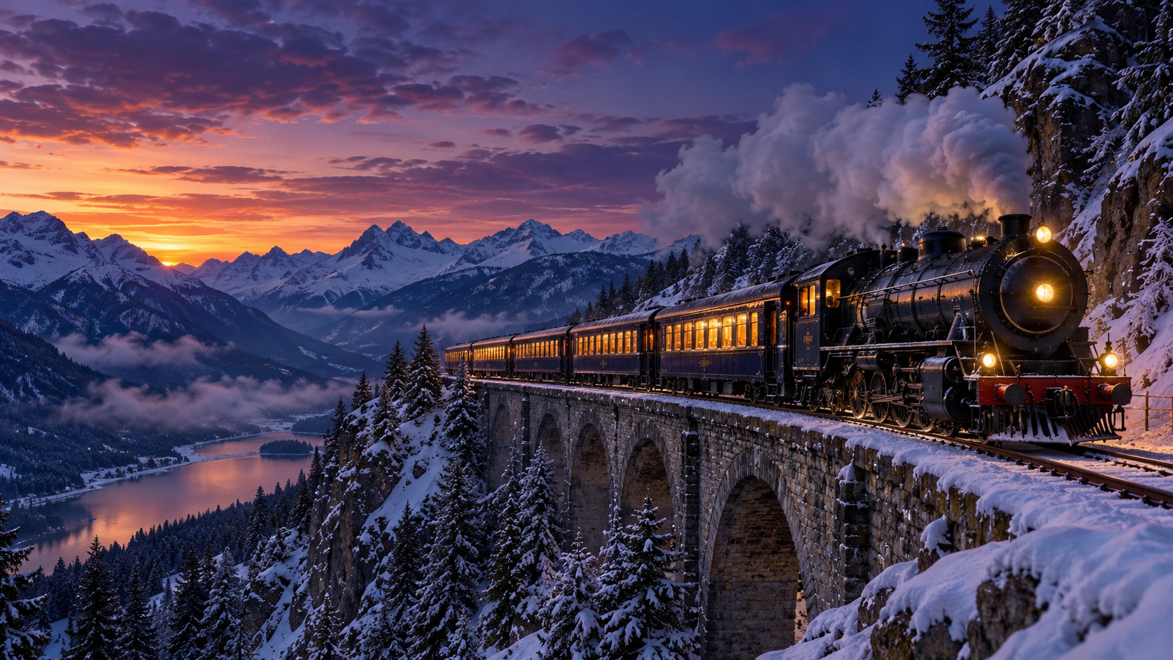 Illustration of a vintage train in a snowy mountain setting for a Vail theatre production