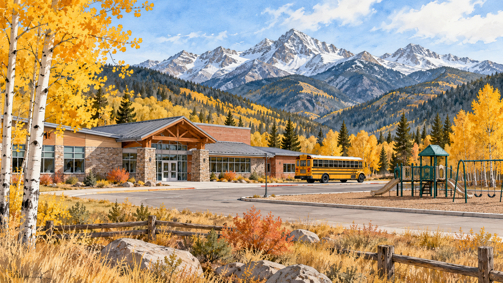 Illustration of a mountain-area school and playground beneath autumn aspens