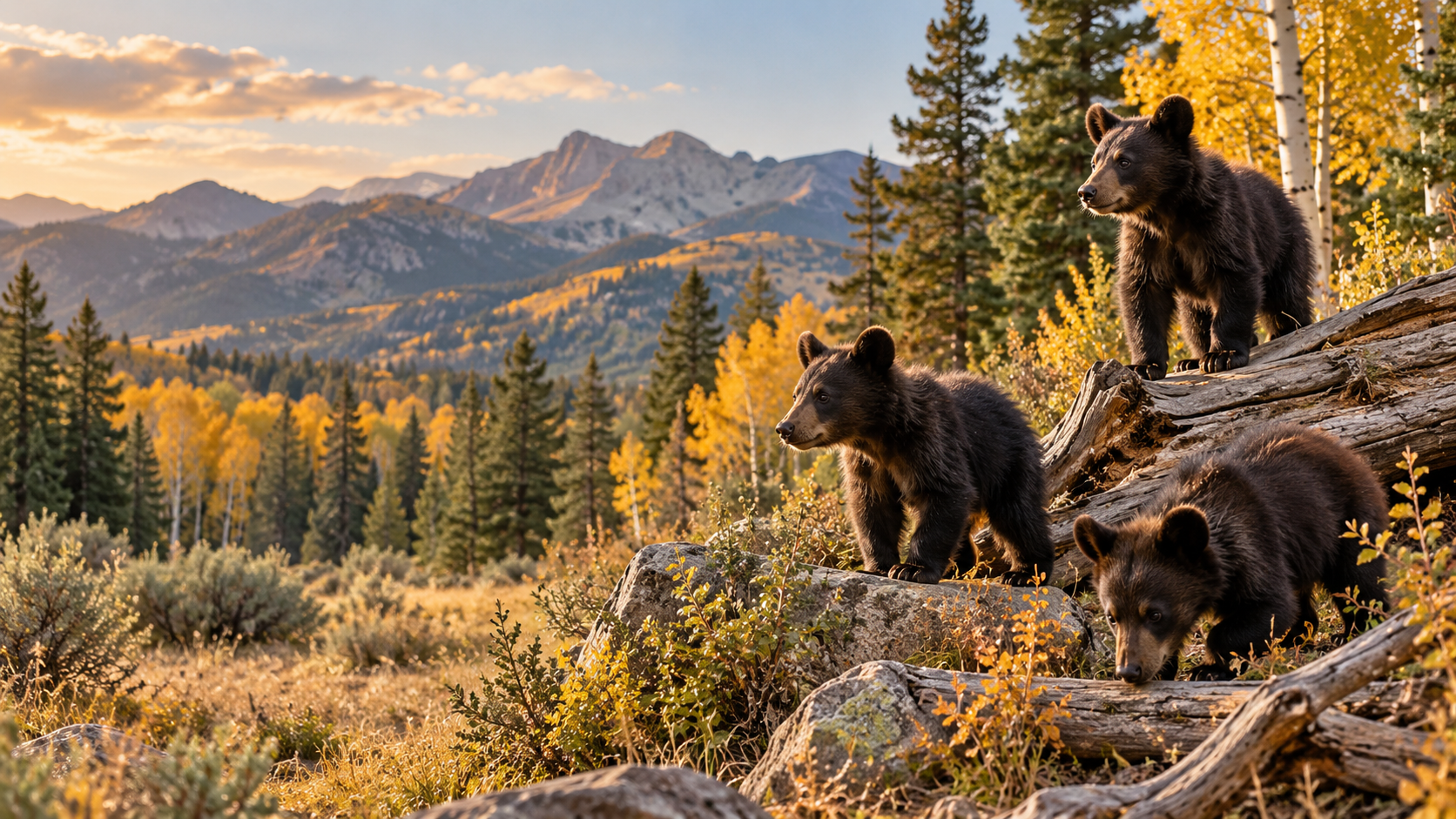Illustration of three black bear cubs in a Colorado mountain setting