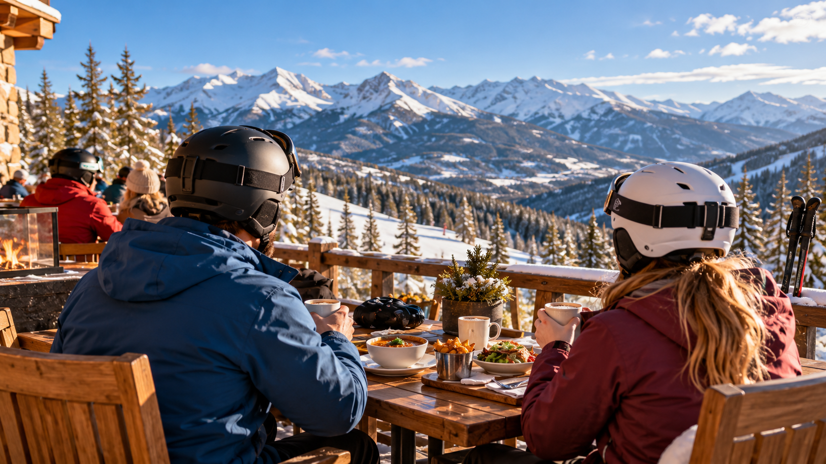 Illustration of an outdoor mountain dining terrace in winter