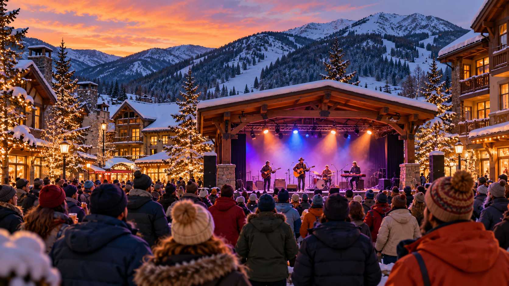 Illustration of an outdoor concert crowd in a snowy mountain village at dusk.