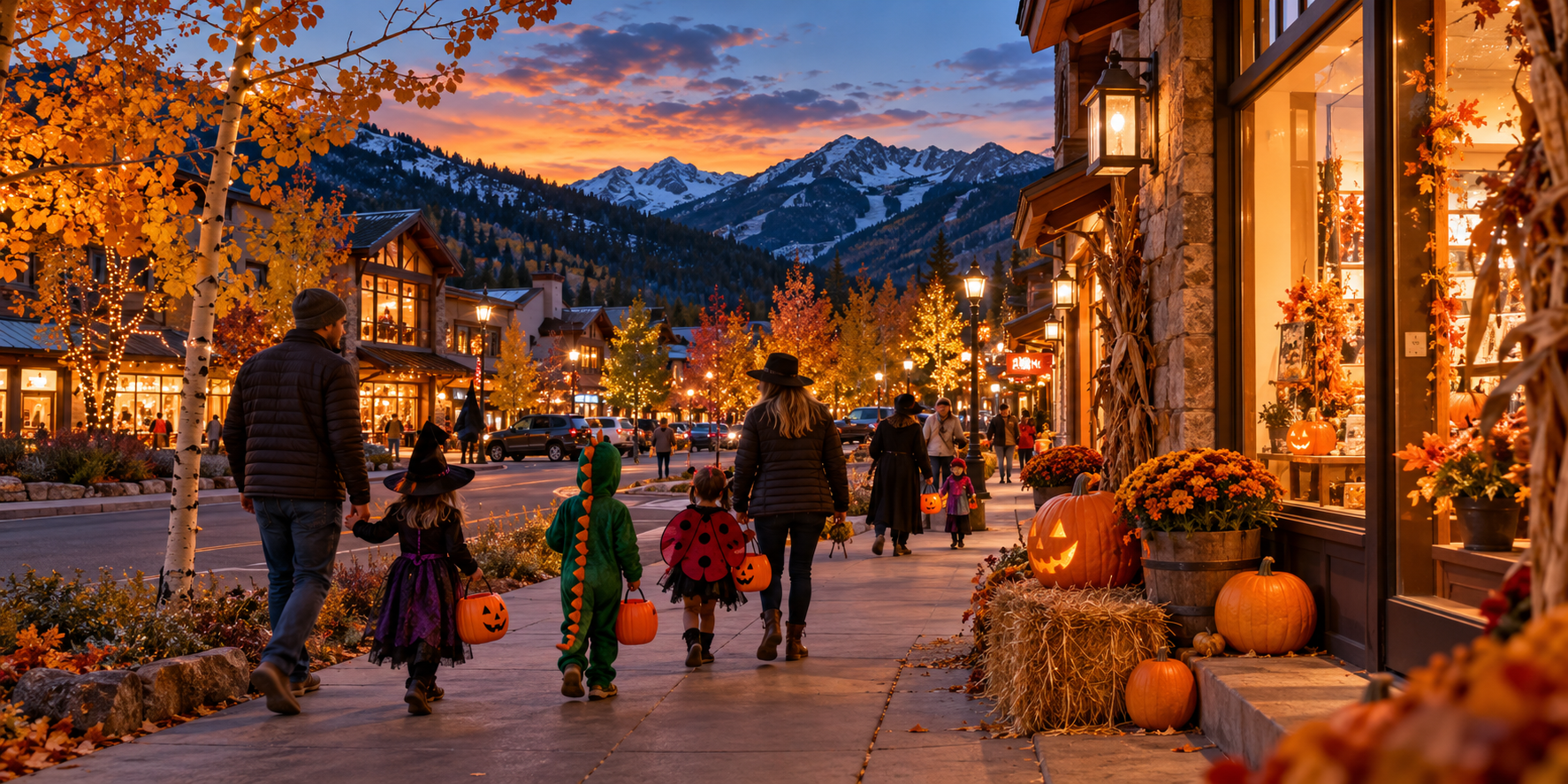 Families in Halloween costumes walk through a Colorado mountain town at dusk.